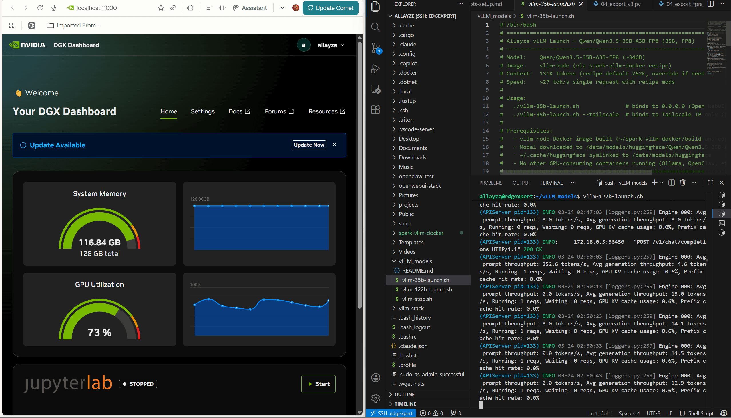 Local AI model inference dashboard showing real-time performance metrics